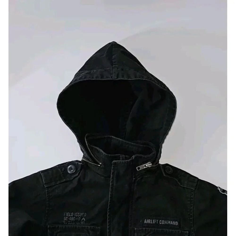Old Navy Black Denim Jacket Full Zip Hooded Boys XS Airlift Command Halloween